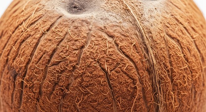 Macro shot showcasing the rough, brown fibrous husk of a dried coconut shell, revealing detailed organic patterns and a natural texture, natural, abstract, detail