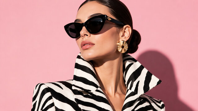 Woman in a zebra jacket and black sunglasses. Ideal for fashion editorials, eyewear campaigns, luxury branding, beauty ads and posters.