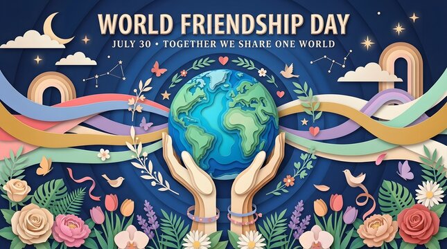 World Friendship Day Papercraft Illustration With Globe And Floral Elements