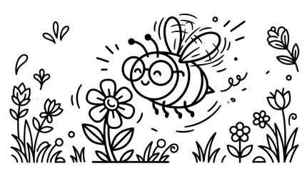 Fototapeta premium Cartoon bee pollinating colorful spring flowers. Friendly honeybee flying near outlined wildflowers in cheerful garden illustration.
