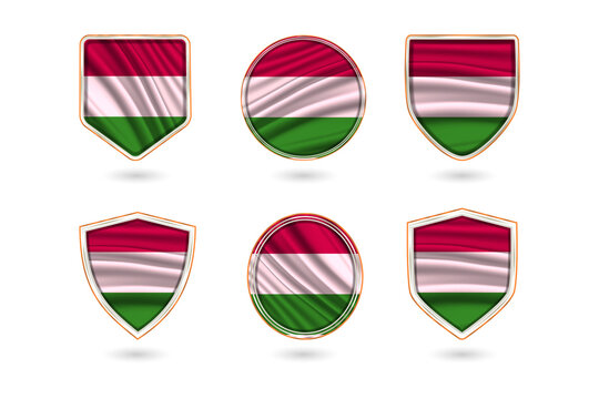Hungarian flag icons in shield and circle shapes for branding projects