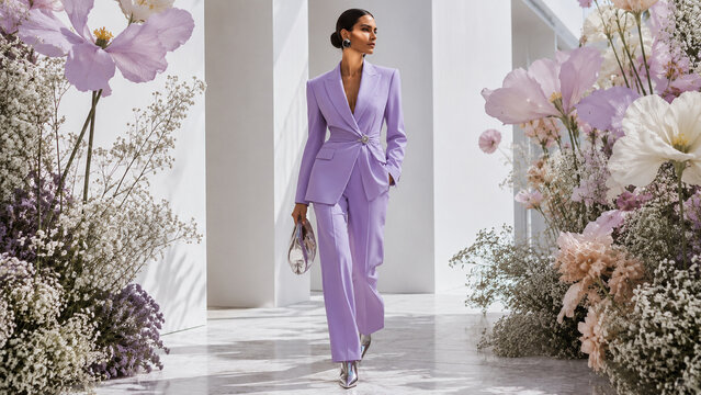 Elegant fashion portrait of a woman in a lavender tailored suit walking along a modern runway lined with giant purple flowers. Ideal for editorials, campaigns and luxury advertising.