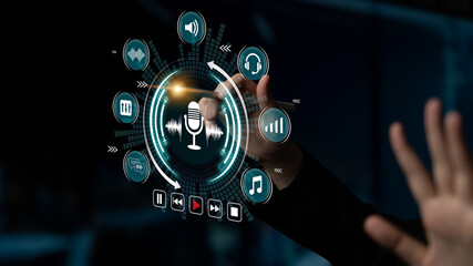 Fototapeta premium Futuristic Touchscreen Interface with Sound Icons and Microphone for Audio Control and Music Management. Sentient.