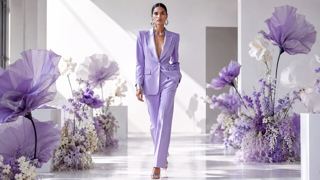 Elegant fashion portrait of a woman in a lavender tailored suit walking along a modern runway lined with giant purple flowers. Ideal for editorials, campaigns and luxury advertising.