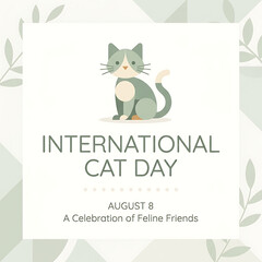 Naklejka premium International Cat Day Illustration: A cute, stylized cat sits proudly above the text INTERNATIONAL CAT DAY AUGUST 8 A Celebration of Feline Friends, set against a soft, botanical-themed background.