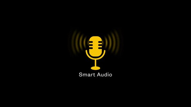 Smart audio podcast animation with pulsing sound waves on black background, microphone radio