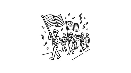 Sleek Black and White of Patriotic Military Band Marching with American Flags and Confetti with high quality professional line art symbols for modern creative design and digital branding projects © nuron wahyudi
