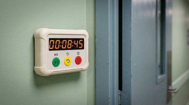 Surgical timeout timer mounted on the operating room wall above the doorway macro close-up - Hospital Operating Room Equipment Stock Photo, No People