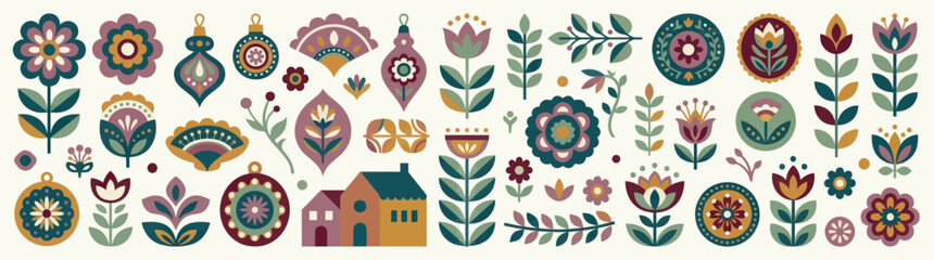 Folk Art Scandinavian Floral Elements, Christmas Ornaments, Houses, Branches, Geometric Patterns © Jery