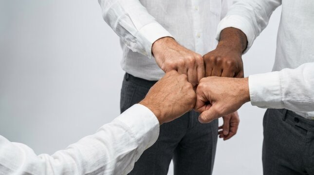 Diverse multiracial men in white shirts joining hands in a circular fist bump for business teamwork.