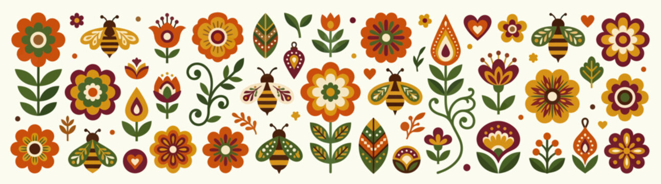 Folk Art Bees and Flowers Pattern, Scandinavian Style, Warm Autumn Colors, Vector Illustration