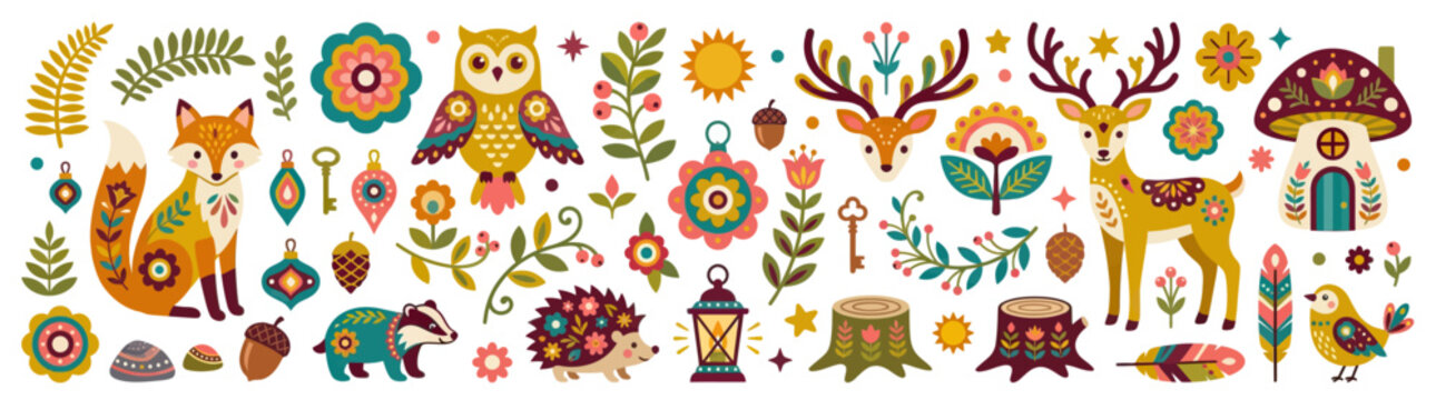 Folk Art Forest Animals Collection: Fox, Deer, Owl, Hedgehog, Badger, Bird, Mushroom House, Flowers, Sun