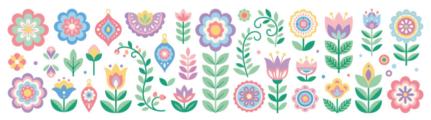 Decorative Folk Art Flowers and Ornaments in Pastel Colors, Scandinavian Style Vector Illustration © Jery