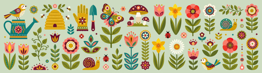 Whimsical Spring Garden Pattern: Flowers, Birds, Bees, Butterfly, Snail, Watering Can, Hive, Gloves, Trowel © Jery