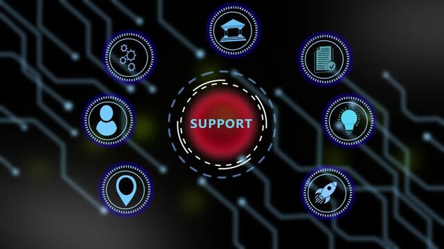 Interactive digital support system interface featuring animated business global connectivity nodes, and futuristic hud technology for corporate customer service and technical solutions