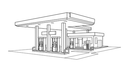 Gas Station Outline Drawing - Modern Fueling Station Architecture © SUDARYOKO