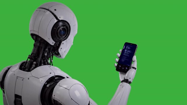 Robot looking at handheld device green screen medium shot