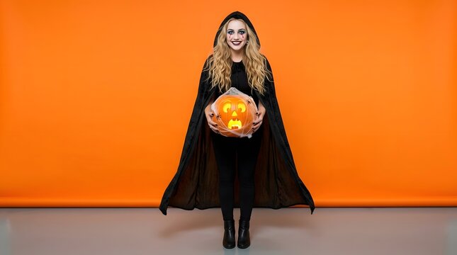 Young woman in witch costume holding illuminated jack o' lantern against vibrant orange studio backdrop for halloween promotions