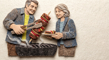 Obraz premium Older couple enjoying barbecue together outdoors with grill 