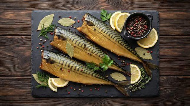 Three smoked mackerel fish on a black slate board with lemon slices, bay leaves, parsley, and a bowl of peppercorns on a rustic wooden table