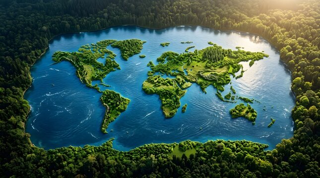 World map lake concept aerial view of continents formed by lush green islands in a clear blue lake