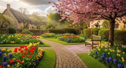 Fototapeta premium Idyllic English Garden in Spring Bloom with Cherry Blossom Tree and Stone Cottage.
