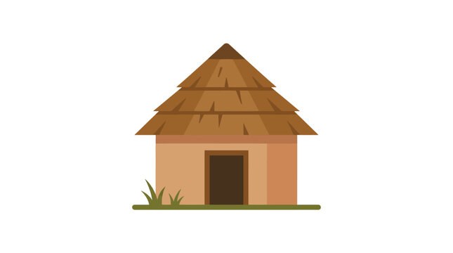 Traditional African thatched hut dwelling on white background.