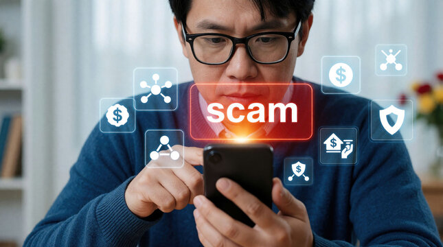 Man in glasses uses mobile phone with digital scam warning icons. Person looks at smartphone screen displaying alert symbols regarding financial fraud cybercrime risk. User experiences hacking danger