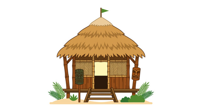 Tropical tiki hut bungalow on a sandy beach.