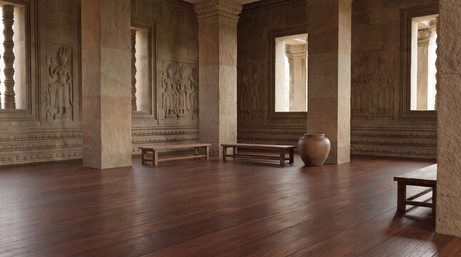 Serene room interior of an Asian temple with stone bas-relief carvings, wooden benches, and a polished floor.