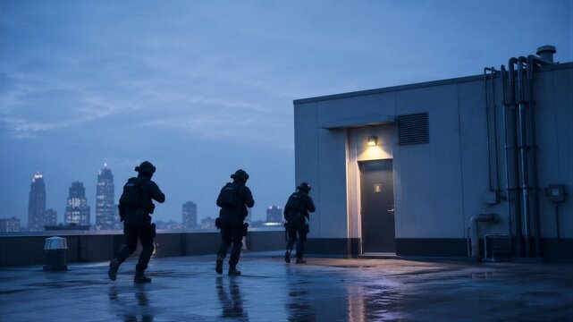 Swat team maneuvering on city building rooftop at night. Military soldiers rushing toward door during tactical operation.