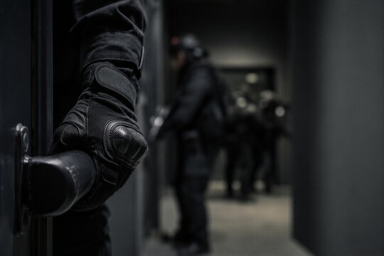 Special forces soldier opening a door. Elite tactical unit member in black uniform entering a building during a mission. Security team raid in dark interior.