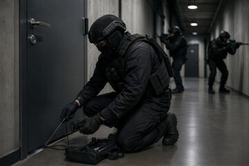 Obraz premium Special forces soldier breaching door in dark corridor. Armed tactical officer using equipment for surveillance. Military unit conducting raid in building.