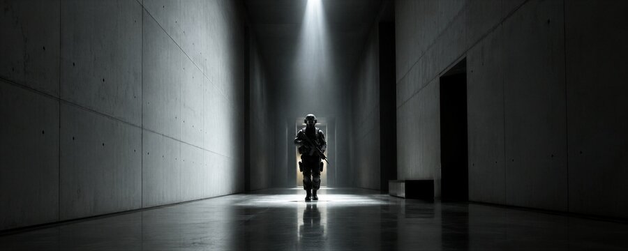 Soldier standing in a dark concrete corridor illuminated by a single spotlight. Tactical military operation in a modern facility.