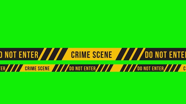 Crime scene tape with do not enter warning on green screen background.