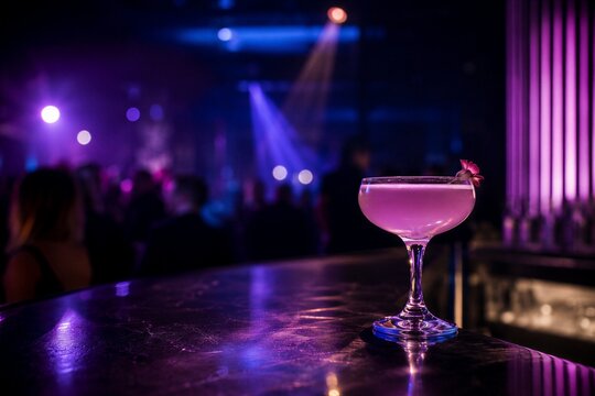 Pink cocktail in glass on bar counter in nightclub. Alcohol drink with flower garnish at party.