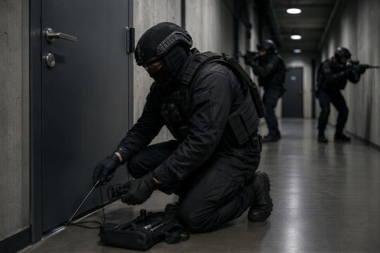 Special forces soldier breaching door in dark corridor. Armed tactical officer using equipment for surveillance. Military unit conducting raid in building.