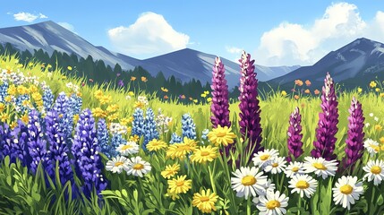 Fototapeta premium Colorful wildflowers in mountain meadow under clear blue sky