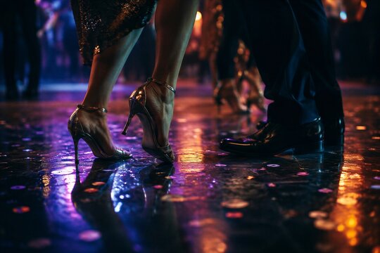 Legs of woman and man dancing on dark glossy floor in nightclub. Couple enjoys evening party with colorful neon lights. Romantic atmosphere of celebration and social event dance.