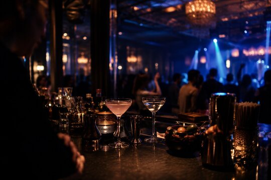 Bartender standing at bar counter with martini and cocktail glass in dimly lit nightclub. Night party atmosphere with people dancing in background. Alcohol, lifestyle and leisure.
