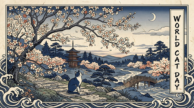World cat day japanese ukiyo-e style illustration of a cat and cherry blossoms