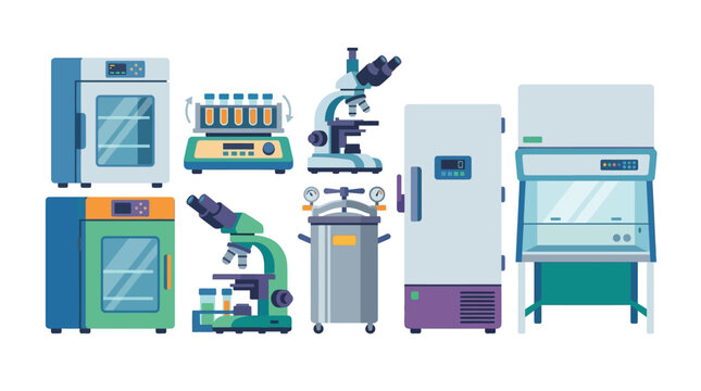 Laboratory equipment collection: microscopes, incubators, autoclave, fume hood