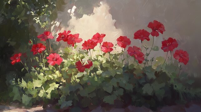 Vibrant red geraniums in sunlit garden setting