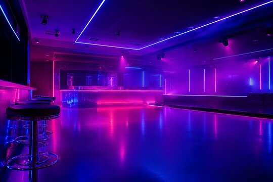 Interior of modern nightclub with bar counter and stools. Empty dance floor illuminated by neon purple and blue lights.