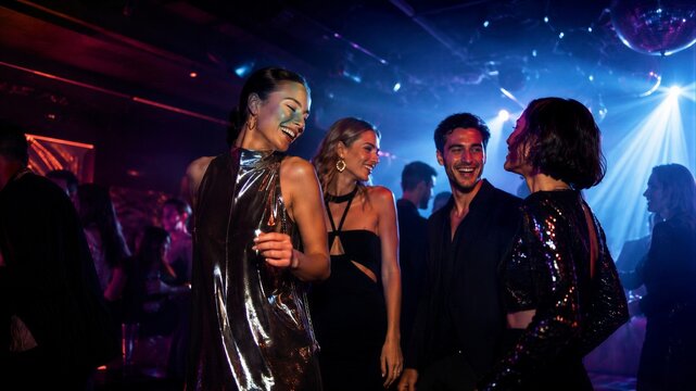 Woman and friends dancing in nightclub. Group of happy young people having fun at party with glowing blue neon lights.