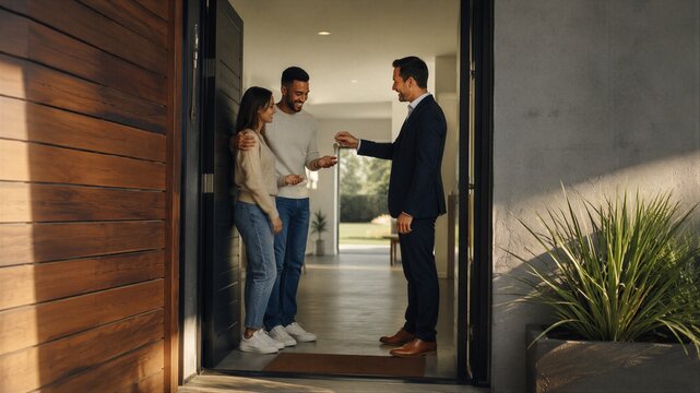Real estate agent giving house key to happy couple. Man and woman receiving keys to their new home from professional realtor at doorway.