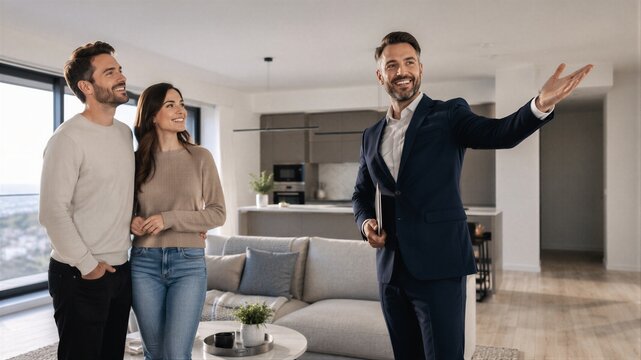 Real estate agent showing a modern apartment to a young couple. Realtor presenting a luxury home to potential buyers.