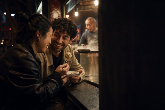 Woman and man eating dumplings at traditional street food stall at night. Couple sharing meal with chopsticks in asian cafe. Romantic date, culinary travel and culture experience.