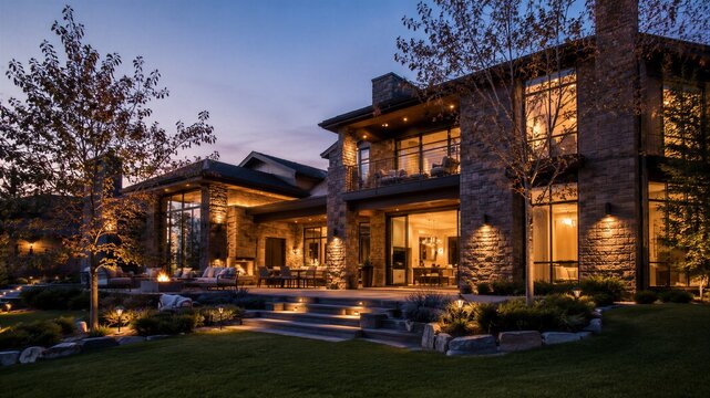 Luxury stone house exterior at twilight. Modern mansion with illuminated patio and fire pit in landscaped garden.