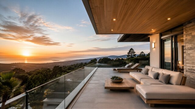 Modern luxury villa terrace with panoramic view of sunset over sea. Contemporary open air lounge area with comfortable furniture for relaxation and vacation in a coastal residence.